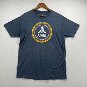 Atari T Shirt Mens Large Blue Distressed Rainbow Logo Retro Gamer Geek Nostalgic
